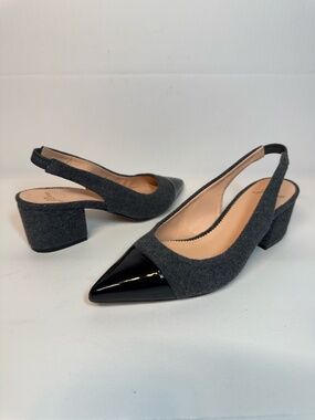 J.Crew Laney Gray Wool Black Patent Cap Toe Slingback Heels 6.5